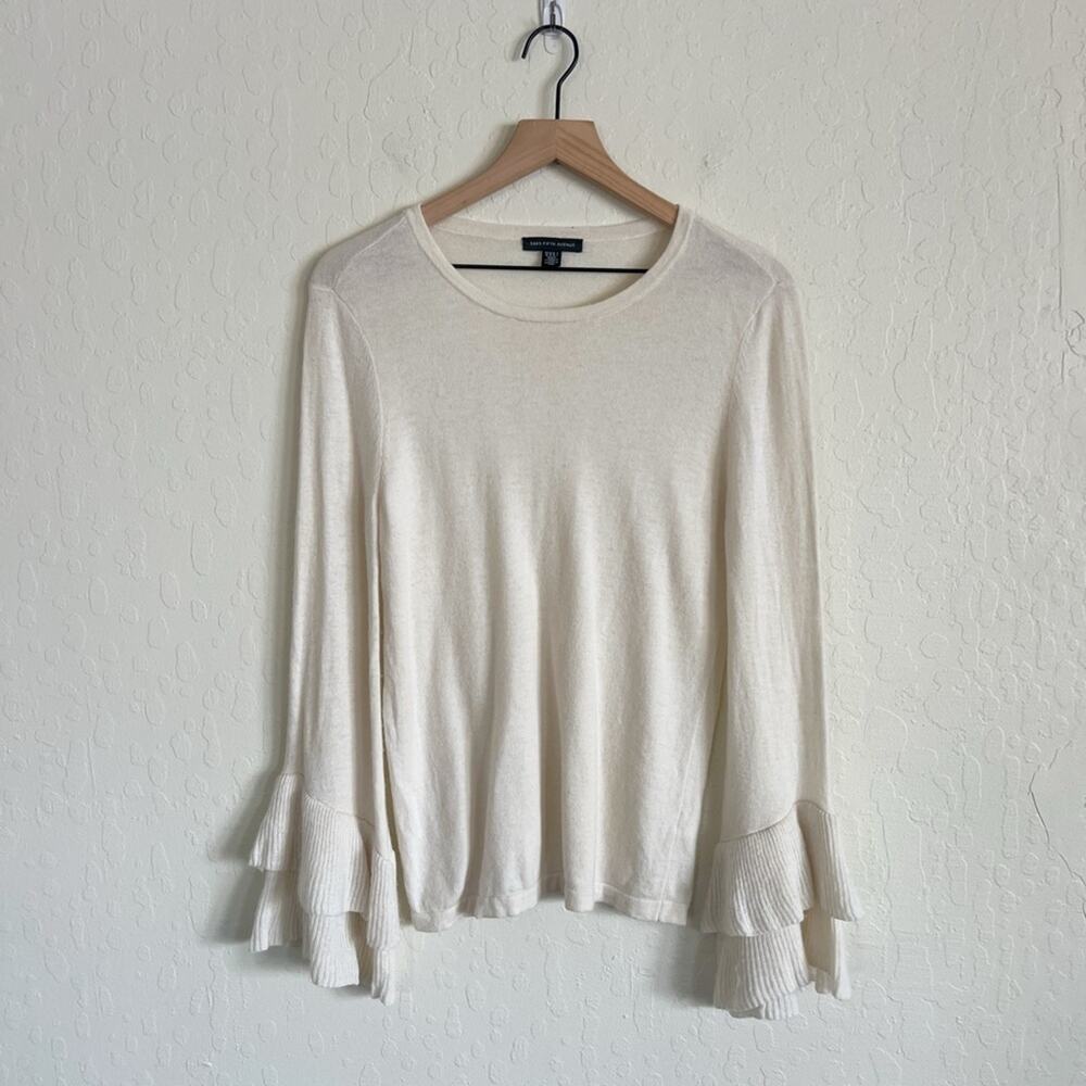 Saks Fifth Avenue Wool Cashmere Ruffle Bell Sleeve Crewneck Sweater Medium Ivory